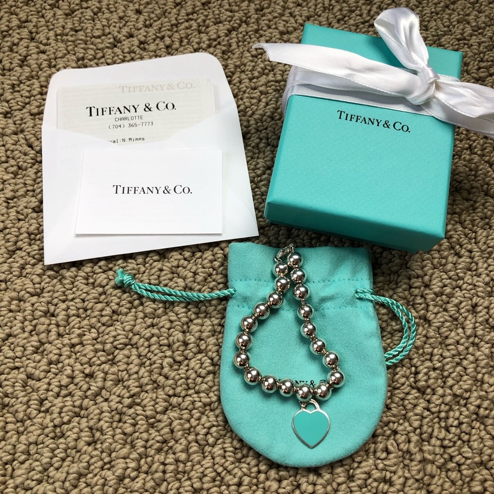 Tiffany & Co blue enamel heart tag bead bracelet